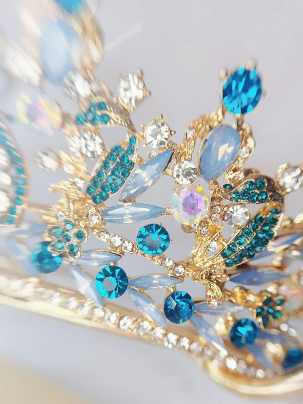 Blue Crystal Tiara Crown, Gold Crystal Bridal Wedding Pageant Prom Headpiece